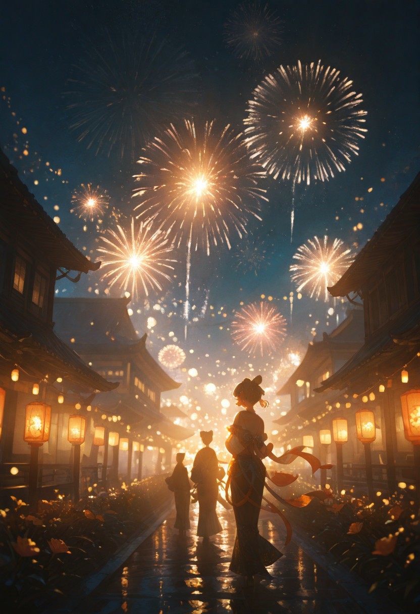 masterpiece, best quality, absurdres, very awa, absurdres,Chinese building, outside, lantern, night sky, flowers,masterpiece, very aesthetic, absurdres, dimly lit, laterns, warm light,((impressionism, excellent depth of field, partly realistic texture, dramatic lighting)), newest,fireworks,night sky,lantern festival, blurry background, character focus,chaner,,close-up, elegant