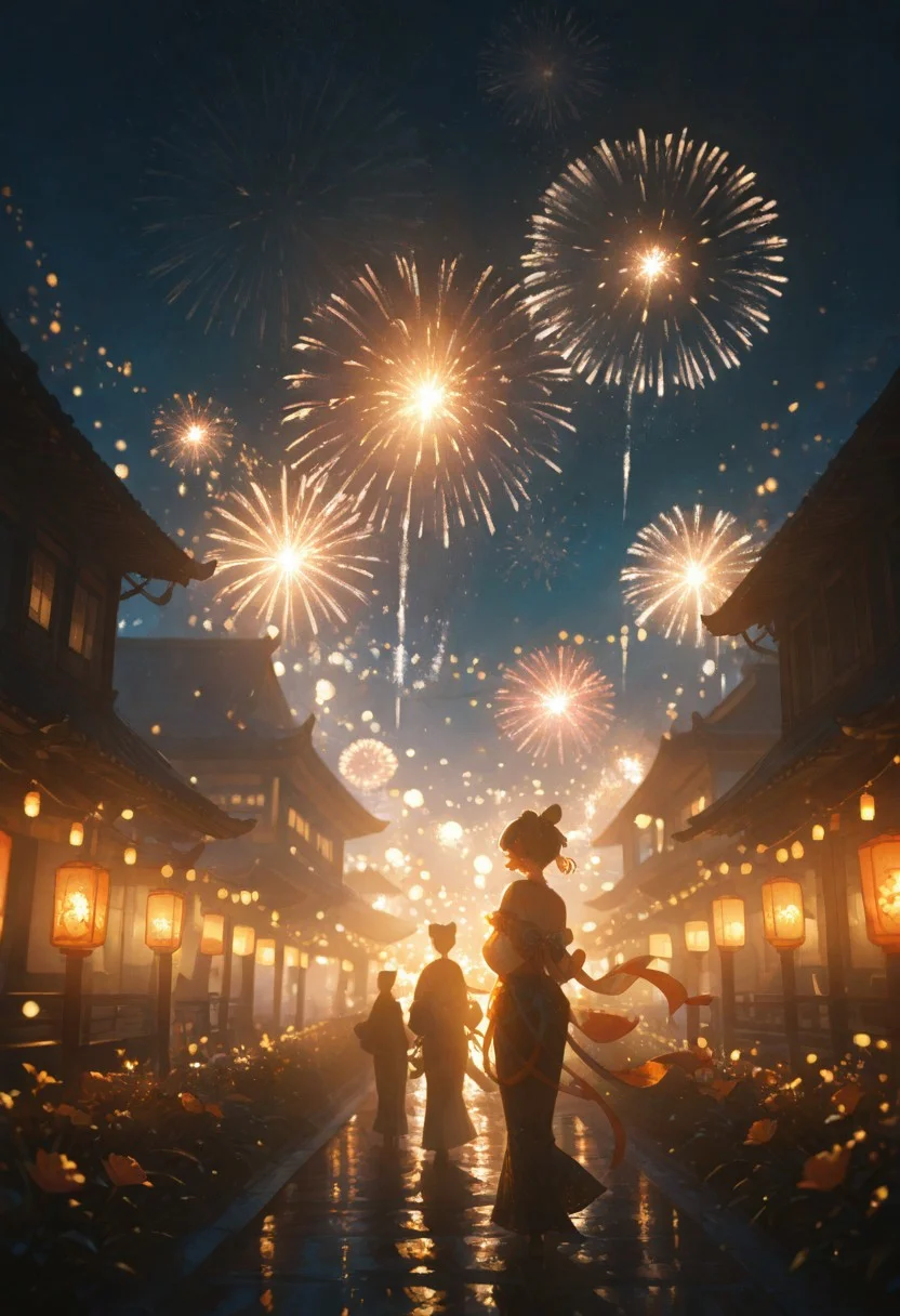 masterpiece, best quality, absurdres, very awa, absurdres,Chinese building, outside, lantern, night sky, flowers,masterpiece, very aesthetic, absurdres, dimly lit, laterns, warm light,((impressionism, excellent depth of field, partly realistic texture, dramatic lighting)), newest,fireworks,night sky,lantern festival, blurry background, character focus,chaner,,close-up, elegant