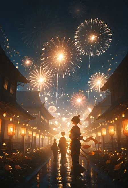 masterpiece, best quality, absurdres, very awa, absurdres,Chinese building, outside, lantern, night sky, flowers,masterpiece, very aesthetic, absurdres, dimly lit, laterns, warm light,((impressionism, excellent depth of field, partly realistic texture, dramatic lighting)), newest,fireworks,night sky,lantern festival, blurry background, character focus,chaner,,close-up, elegant