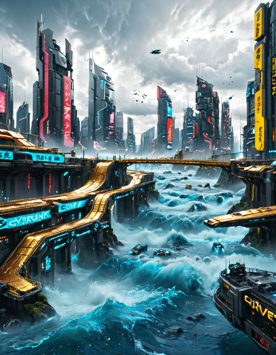 <lora:SW_Minis_7xlc:1> blue river, gold, waves, furious, absurdres, cyberpunk city, T9
