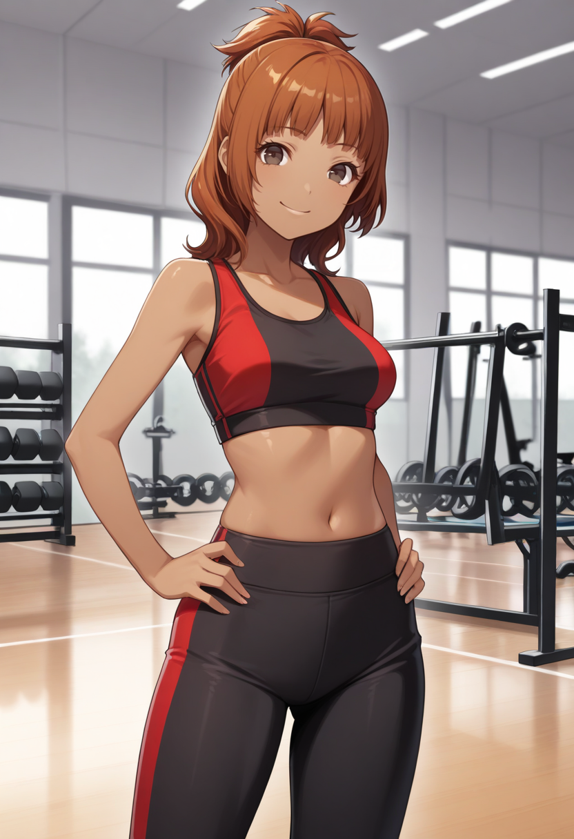 masterpiece, best quality, 1girl, solo, looking at viewer, cowboy shot, smile, gym, hands on hips
red sports bra, black yoga pants
 <lora:zs_NatsukiILLU:1> n@tsuk1p3, brown hair, ponytail, brown eyes, dark skin,