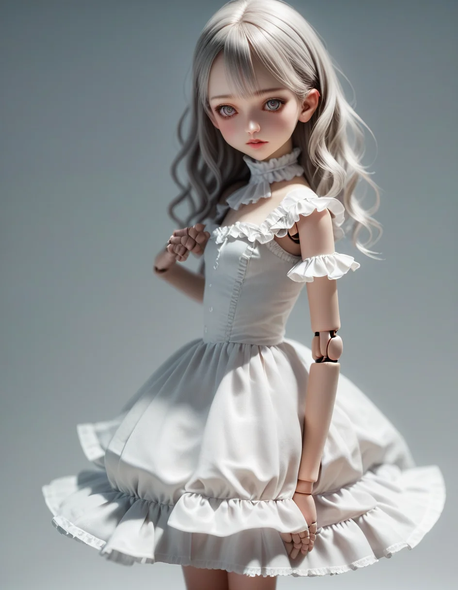 score_9, score_8_up, score_7_up, score_6_up, score_5_up, score_4_up, source_anime, rating_safe,
photo of (realistic:0.7) bjd, doll joints, plastic face, beautiful eyes, detailed face, detailed hair, smooth hair, clean hair,
1girl, silver hair, frills classic long dress, looking at you,
official art,
<lora:dolly-merge-xl_v1:1.3>