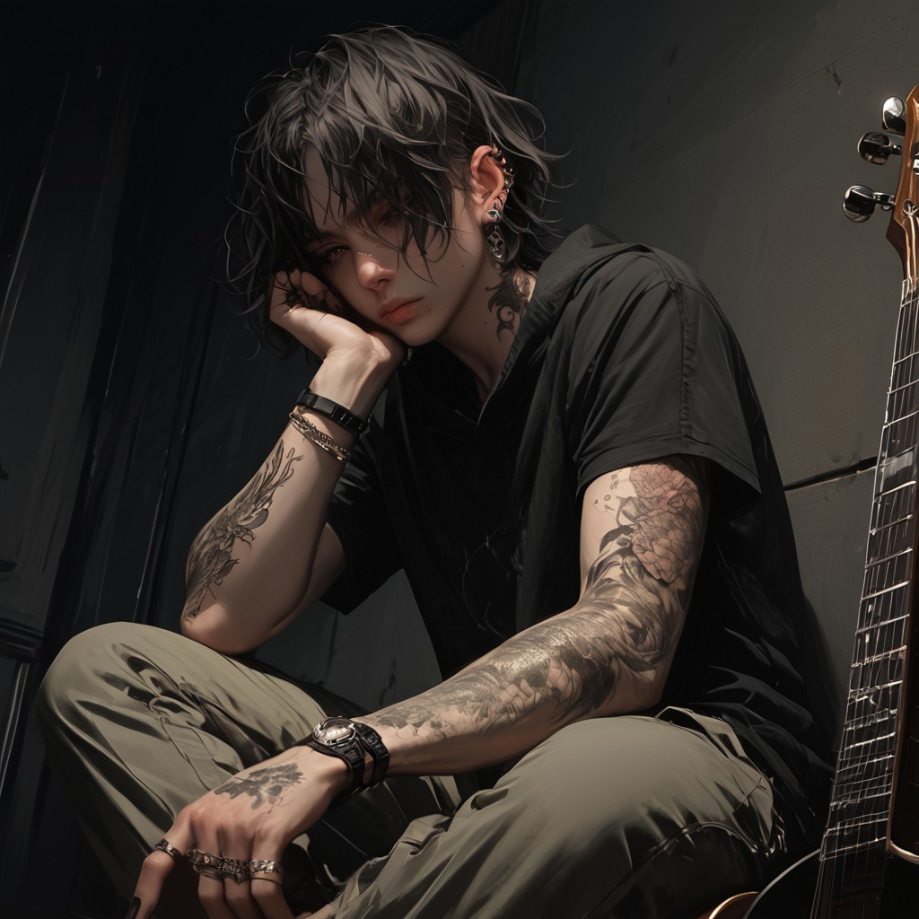 score_9, score_8_up, score_7_up, masterpiece, ultra-realistic 8k, (best quality), (lots of details), (intricate details), (male focus), (front view), (unique angle), muted colors, (black palette), 1 adult boy, sits on the floor with his back against the wall, playing an acoustic guitar, next to him his backpack, (rings, piercing, bracelets), (tattoo:1.2), perfect hand, perfect fingers, short disheveled hair, curvy hair, sweatshirt, cargo pants, night, metro station, highres textures, Expressiveh, concept art, realistic, d4rkv1b3