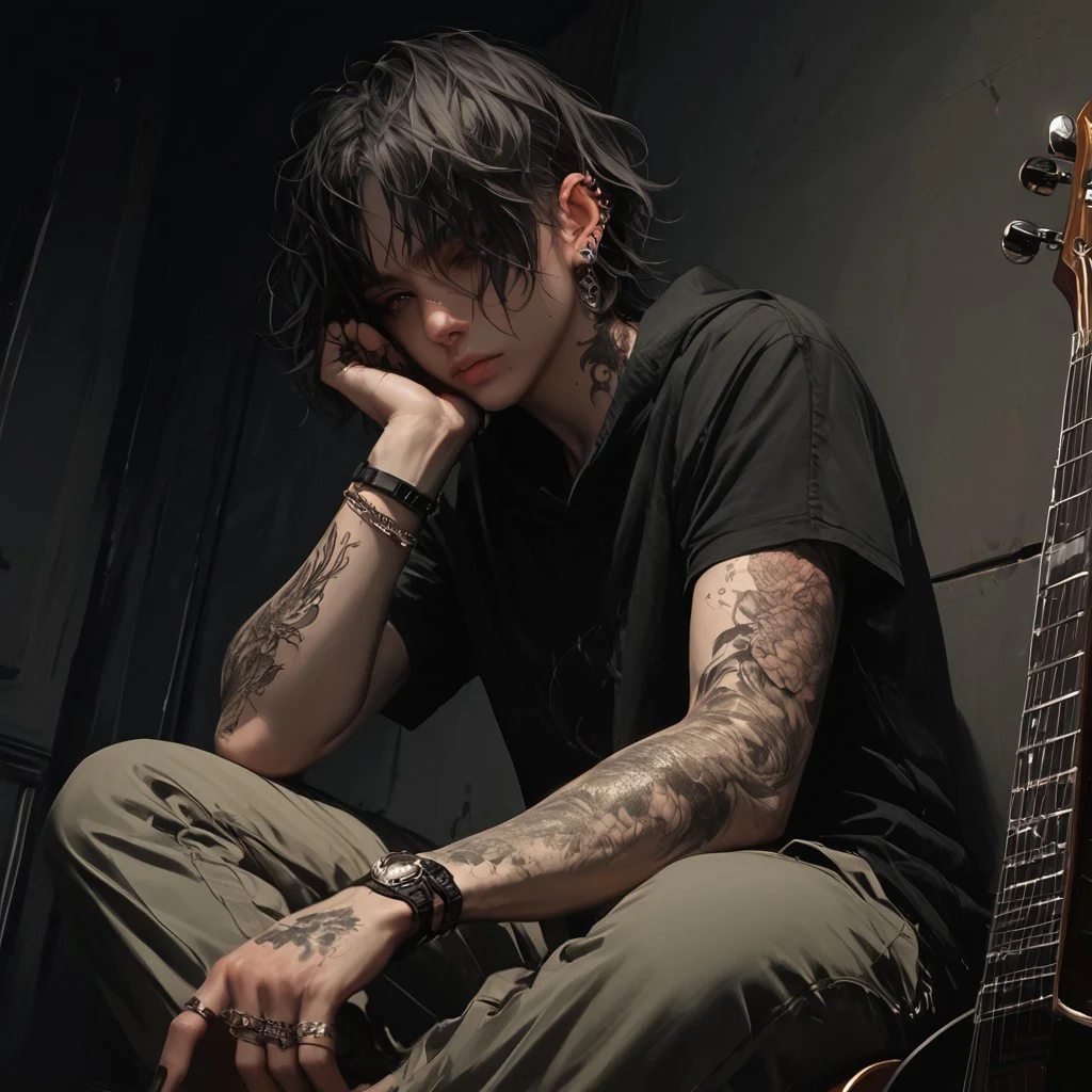 score_9, score_8_up, score_7_up, masterpiece, ultra-realistic 8k, (best quality), (lots of details), (intricate details), (male focus), (front view), (unique angle), muted colors, (black palette), 1 adult boy, sits on the floor with his back against the wall, playing an acoustic guitar, next to him his backpack, (rings, piercing, bracelets), (tattoo:1.2), perfect hand, perfect fingers, short disheveled hair, curvy hair, sweatshirt, cargo pants, night, metro station, highres textures, Expressiveh, concept art, realistic, d4rkv1b3