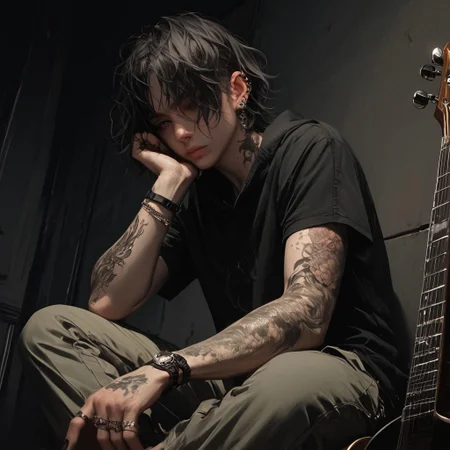 score_9, score_8_up, score_7_up, masterpiece, ultra-realistic 8k, (best quality), (lots of details), (intricate details), (male focus), (front view), (unique angle), muted colors, (black palette), 1 adult boy, sits on the floor with his back against the wall, playing an acoustic guitar, next to him his backpack, (rings, piercing, bracelets), (tattoo:1.2), perfect hand, perfect fingers, short disheveled hair, curvy hair, sweatshirt, cargo pants, night, metro station, highres textures, Expressiveh, concept art, realistic, d4rkv1b3