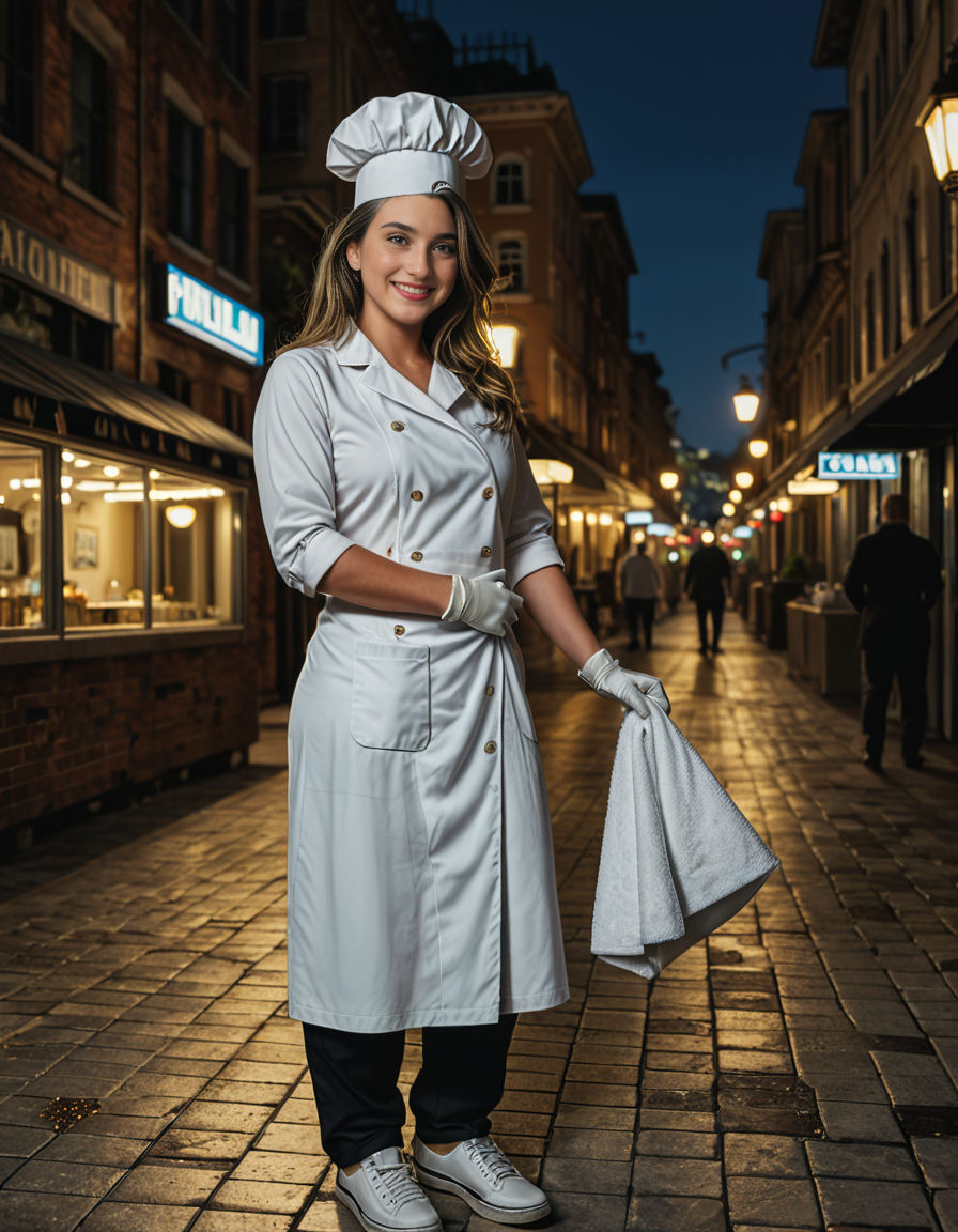 cowboy shot, looking at viewer,female_focus, medium close-up,,A woman wearing a White jacket, chef hat, trousers, gloves, apron, towel, closed shoes ,stands confidently in a bustling city street at dusk. The streetlights cast a warm glow on the pavement, and neon signs flicker in the background. The personâs white gloves contrast sharply against the dark outfit, adding a touch of elegance. A light evening mist rises from the ground, creating a cinematic atmosphere. Pedestrians pass by, some glancing curiously at the well-dressed figure. The cityscape features modern and old architecture, blending tradition with contemporary urban life.
<lora:SDXLFaeTastic2400:0.4> <lora:extremely_detailed:0.4> extremely detailed, Masterpiece,best quality,hi res,8k,hi res,8k,award winning,(sharp focus, intricate, highly detailed),