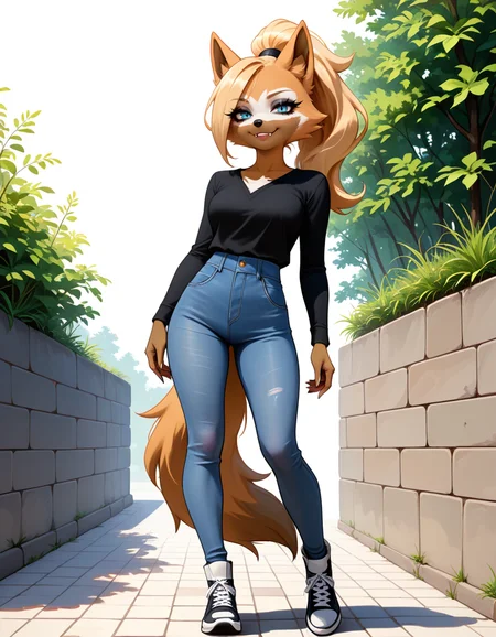 masterpiece, best quality, very aesthetic, absurdres,
outdoors, casual, 
full body, standing, posing, 
 seductive smile, parted lips, long eyelashes,
 <lora:Whisper_the_Wolf_v01_NAIXL:1>,
Wh15p3r,1girl,solo,furry,furry female,wolf girl,long hair,blonde hair,wolf ears,ponytail,blue eyes,makeup,anout,animal nose,fangs,body fur,two-tone fur,orange fur,brown fur,wolf tail,