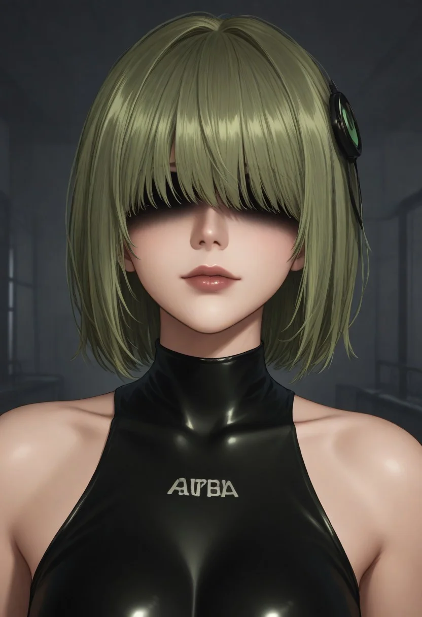 1girl, solo, solo focus, highres, absurdres, CL_Dummy, short hair, long bangs, hair over eyes, light green hair, lipstick, shiny lips, brown lips, circle hair ornament, covered eyes,
black leotard,
looking at viewer, head tilt, light smile, closed mouth, close-up, face focus,
factory, industrial pipe, stasis tank, dark,