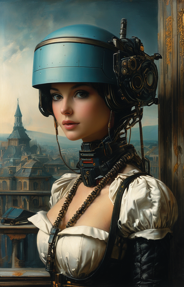 masterpiece,best quality,<lora:tbh152-sdxl:0.8>,illustration,style of Élisabeth Vigée-Lebrun cyberpunk city