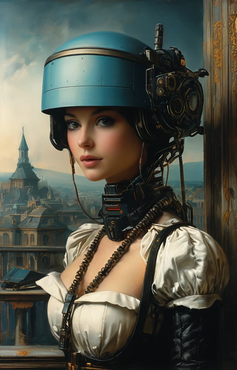 masterpiece,best quality,<lora:tbh152-sdxl:0.8>,illustration,style of Élisabeth Vigée-Lebrun cyberpunk city
