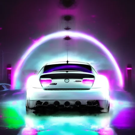 a photo of a car is shown in a circular light with a purple light around it and a circular light behind it, art by carstestv3