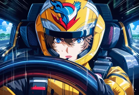 masterpiece, best quality, ultra detailed, highres,4k,(ultra-detailed:1.4) (illustration:0.5), (ray tracing,:0.8),(anime colored:0.7),(ai-generated:0.5),
1girl,solo,
araip5x, brown hair, short hair, messy hair, peach lipstick, blue eyes,
under the helmet,
serious, sweat, pressure,
<lora:cyberformuladriverseatXL1:1>,cyberformuladriverseat,
cockpit,,canopy, driving,yellow black pilot suit,pilot helmet, gloves,F1 steering wheel,seatbelt,vehicle interior,
motion blur,motion lines,speed lines,