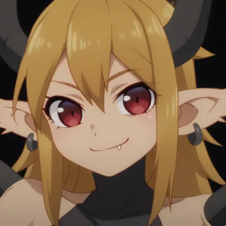 score_9, score_8_up, score_7_up, score_6_up, score_5_up, score_4_up, datachimera, monster girl, horns, blonde hair, red eyes, pointy ears, earrings, fang, source_anime, portrait, looking at viewer, smile, screencap, black background,