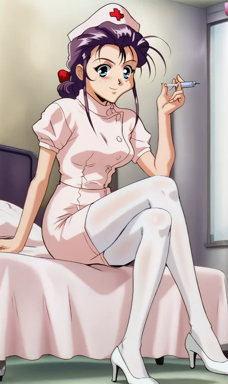 MR, 1girl, solo, purple hair, blue eyes, low hair bun, red hair ribbon, pink nurse uniform, nurse cap, white pantyhose, white heels, sitting on bed, legs crossed, holding syringe, angry smile, looking at viewer, retro artstyle, <lora:Megumi Reinard Pony XL:0.9>