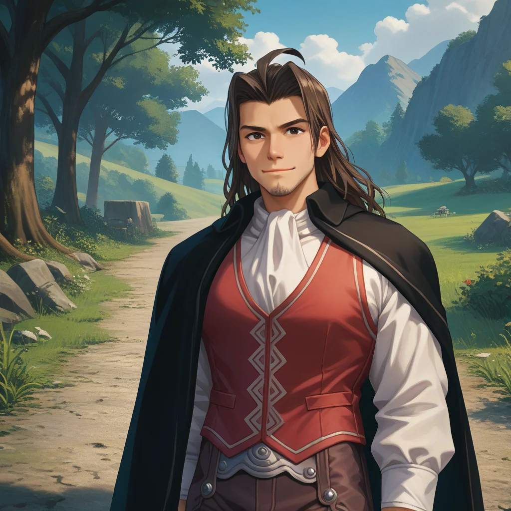 score_9, score_8_up, score_7_up, score_6_up, BREAK 1boy,,standing,simple background,smile, looking at viewer,closed mouth,
<lora:dunbanlora:1>hbodunban,stubble,black cape,red vest,white shirt,dark-brown hair,brown pants,outdoors