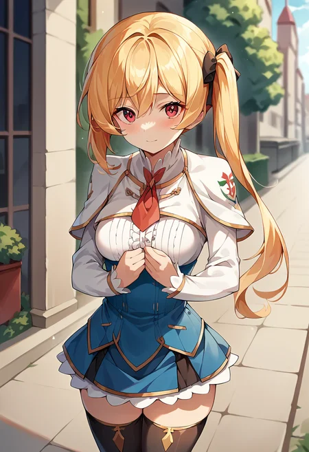 score_9, score_8_up, score_7_up, source_anime, masterpiece, 1girl, ctianlis4harte, medium breasts, short dress, red neckerchief, blue corset, black thighhighs, white capelet, long sleeves, frills, looking at viewer, outdoors, city, sunny, depth of field, <lora:Lisaharte_pony_character_ct:1>
