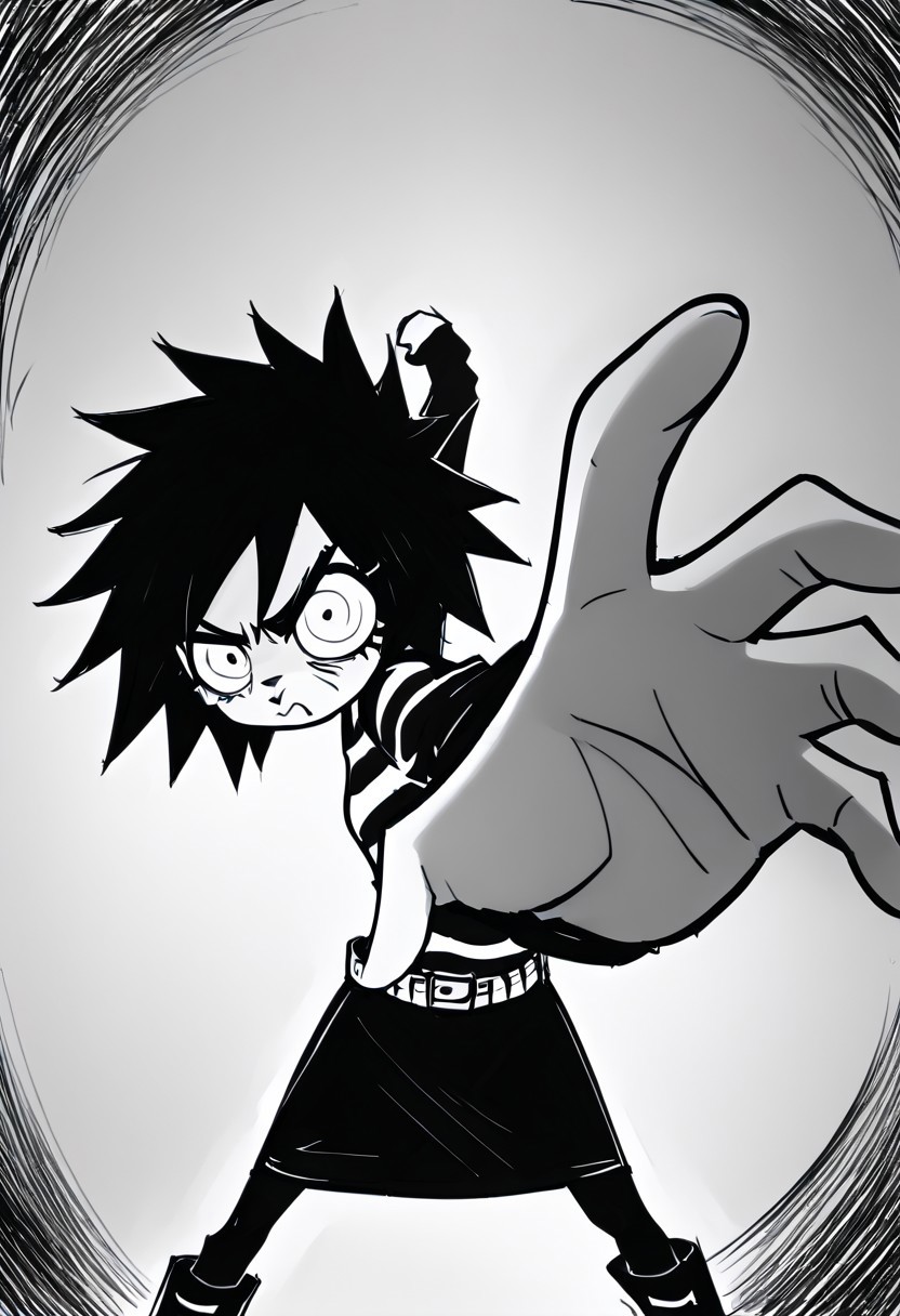 score_9, score_8_up, score_7_up, score_6_up, 1woman, Protagnia, Striped shirt, black sleeves, belt, black skirt, pantyhose, boots, Wide-eyed, angry eyes, furrowed eyebrows, pouting mouth, easynegative, IncrsPunchMeme, incoming punch, monochrome