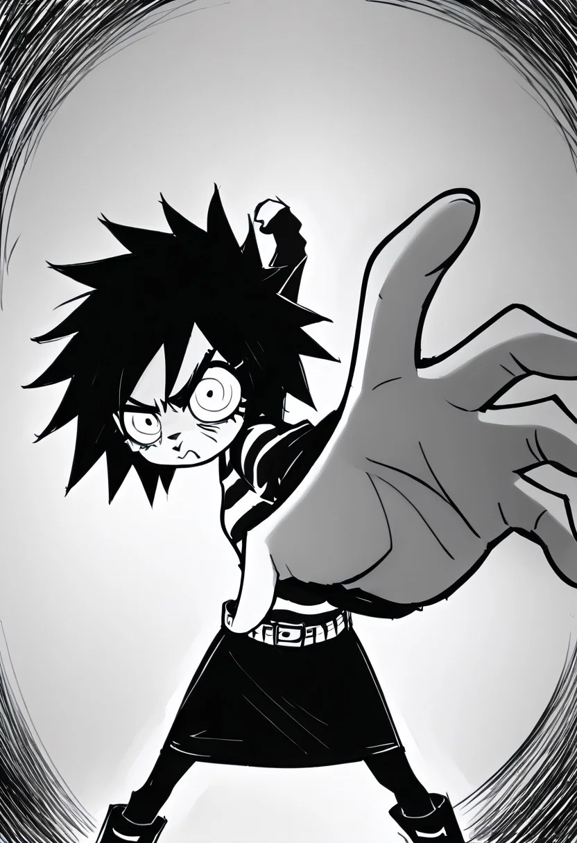 score_9, score_8_up, score_7_up, score_6_up, 1woman, Protagnia, Striped shirt, black sleeves, belt, black skirt, pantyhose, boots, Wide-eyed, angry eyes, furrowed eyebrows, pouting mouth, easynegative, IncrsPunchMeme, incoming punch, monochrome