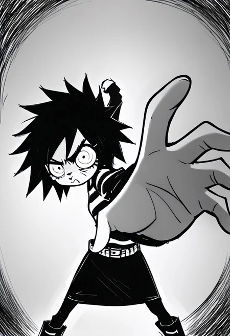 score_9, score_8_up, score_7_up, score_6_up, 1woman, Protagnia, Striped shirt, black sleeves, belt, black skirt, pantyhose, boots, Wide-eyed, angry eyes, furrowed eyebrows, pouting mouth, easynegative, IncrsPunchMeme, incoming punch, monochrome