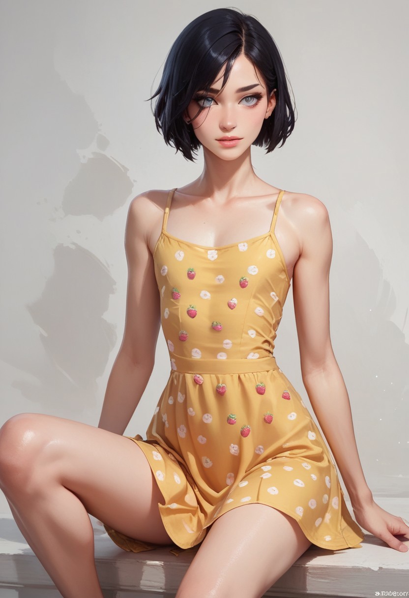 score_9, score_8_up, score_7_up, 1boy, femboy, otoko no ko, short hair, bob cut hair, black hair, grey eyes, gray eyes, feminine face, toned body, Shelly, summerdress, yellow dress, strawberry print, highly detailed, intricate, zzCitronCAT, sitting, one knee up, head on knee, dutch angle, modelshoot, abstract background, solo