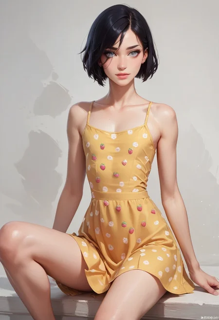 score_9, score_8_up, score_7_up, 1boy, femboy, otoko no ko, short hair, bob cut hair, black hair, grey eyes, gray eyes, feminine face, toned body, Shelly, summerdress, yellow dress, strawberry print, highly detailed, intricate, zzCitronCAT, sitting, one knee up, head on knee, dutch angle, modelshoot, abstract background, solo