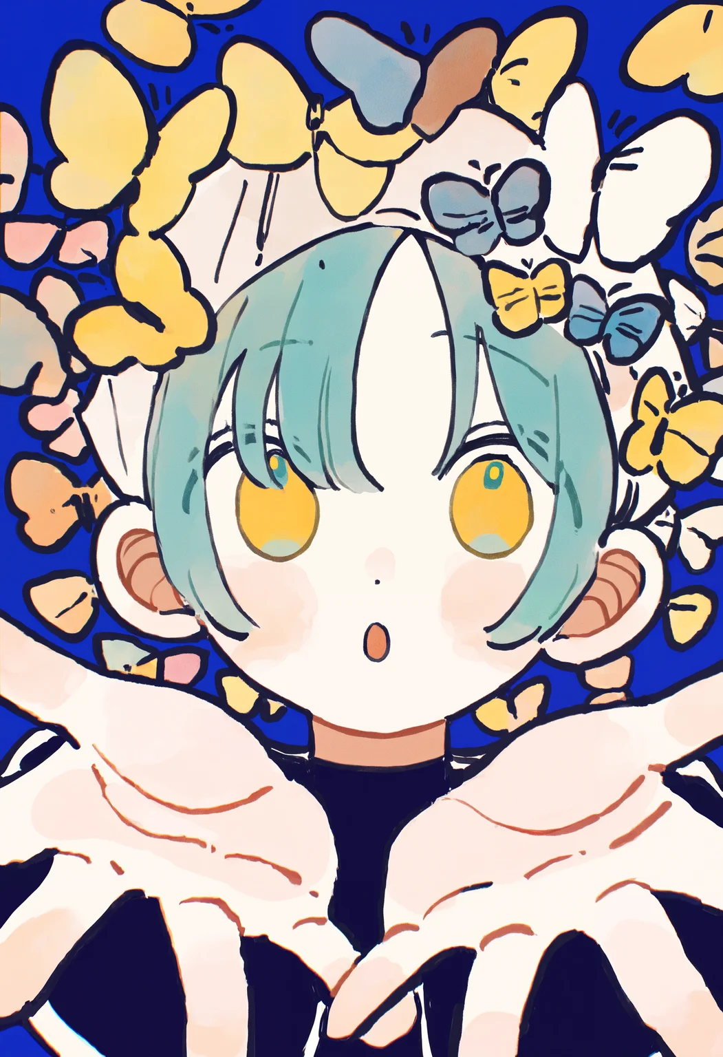 masterpiece, absurdres, newest, very awa, chromatic aberration, 1girl, solo, short hair, aqua hair, yellow pupils, parted bangs, head scarf, butterfly, multiple butterflies, reaching towards viewer, close-up, from below, :o, blue background, cupping hands, <lora:spo_sdxl_10ep_4k-data_lora_webui>, <lora:TA_trained:0.35>, <lora:NOOB_EPSv1_1_detailer_by_vlnvk_v0_5>, <lora:omoguuu:0.8>