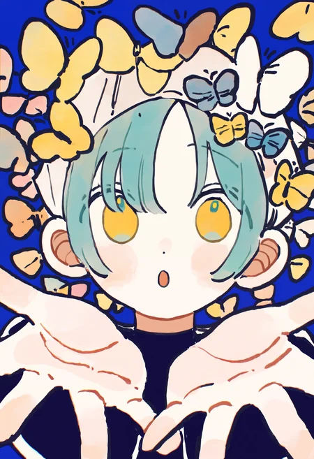 masterpiece, absurdres, newest, very awa, chromatic aberration, 1girl, solo, short hair, aqua hair, yellow pupils, parted bangs, head scarf, butterfly, multiple butterflies, reaching towards viewer, close-up, from below, :o, blue background, cupping hands, <lora:spo_sdxl_10ep_4k-data_lora_webui>, <lora:TA_trained:0.35>, <lora:NOOB_EPSv1_1_detailer_by_vlnvk_v0_5>, <lora:omoguuu:0.8>