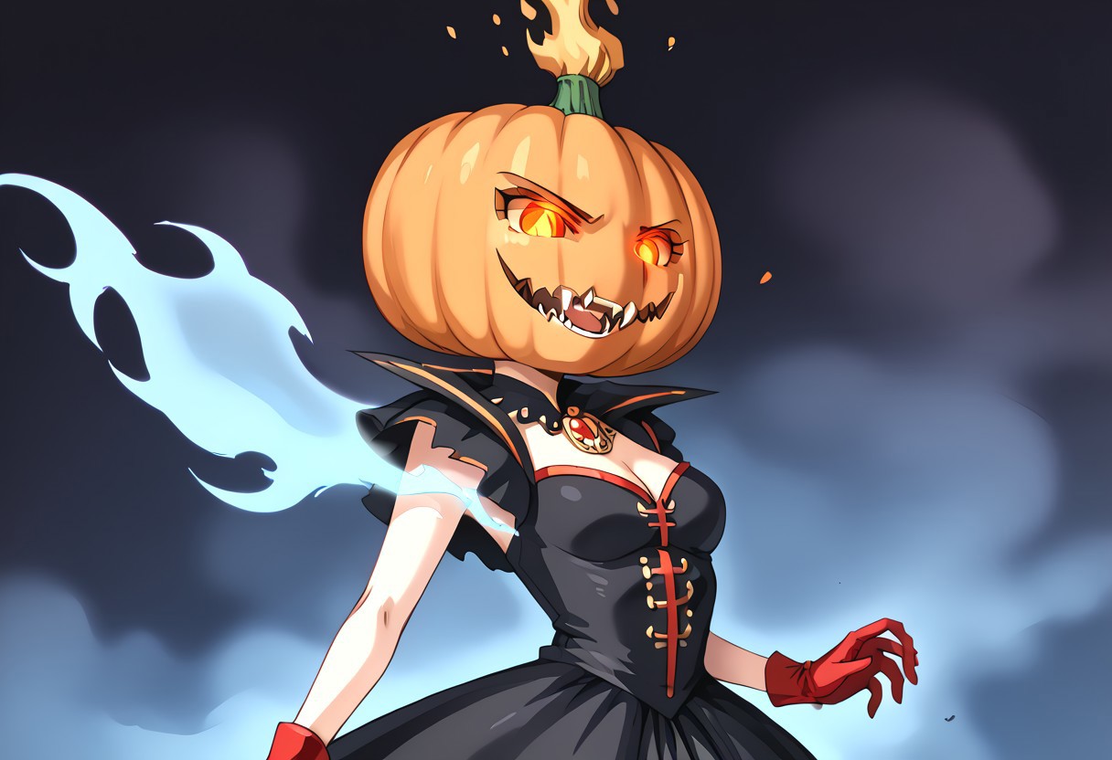 (masterpiece), (score_9, score_8_up, score_7_up,source_anime), 4K8K, 
(from side), misty, steam, fog, Floating Halloween pumpkins, 
halloween, halloween fantasy, (jakkRo), 
(pumpkinhead woman, Pumpkinhead:1.3), (solo), blue flame, burning pumpkin, (dark aura:1.4), (smirk, half-opened mouth, Canine, tooth, fang1.2), 
(medium figure:0.9), (pointy breasts:1.1), 
(glowing eyes), 
(wearing vampire cos, dress, makeup, red and black dress, Miniature Hats, culottes, red gloves:1.2), 
(emperor's audience room, dark room:1.3), elf ears,