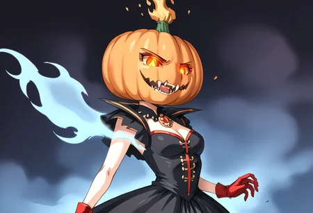 (masterpiece), (score_9, score_8_up, score_7_up,source_anime), 4K8K,
(from side), misty, steam, fog, Floating Halloween pumpkins,
halloween, halloween fantasy, (jakkRo),
(pumpkinhead woman, Pumpkinhead:1.3), (solo), blue flame, burning pumpkin, (dark aura:1.4), (smirk, half-opened mouth, Canine, tooth, fang1.2),
(medium figure:0.9), (pointy breasts:1.1),
(glowing eyes),
(wearing vampire cos, dress, makeup, red and black dress, Miniature Hats, culottes, red gloves:1.2),
(emperor's audience room, dark room:1.3), elf ears,