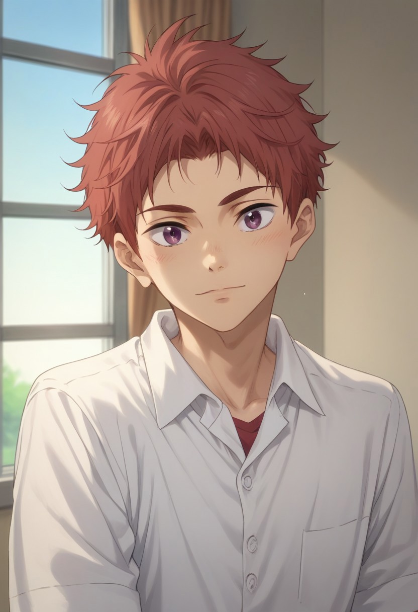 score_9, score_8_up, score_7_up, source_anime, highly detailed, 
asahi, 1boy, male focus, solo, red hair, purple eyes, shirt, white shirt, collared shirt, purple t-shirt,
indoor, window,