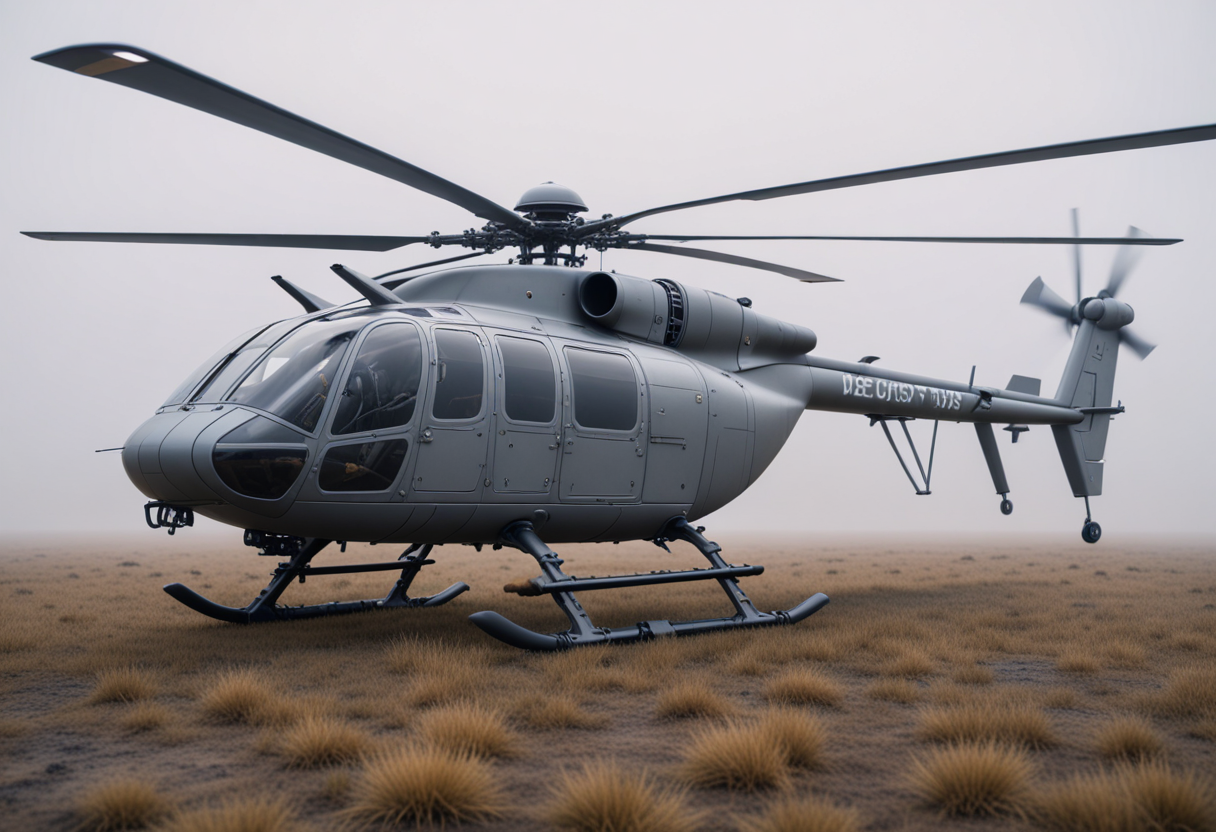 (medium full shot) of (futuristic small matte-gray helicopter) with reflective-coating body, turboshaft, modular sections, ethereal auras, set in  landing in the middle of the savannah, the helicopter setting down on the open plain, amid dense fog, Masterpiece,best quality, photo, realistic, very aesthetic,