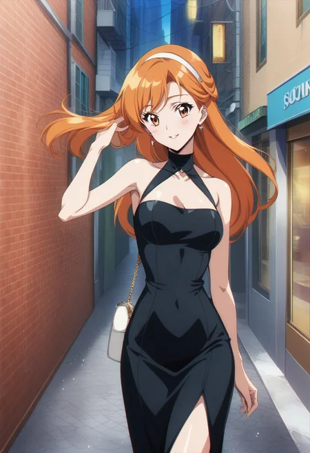 score_9, score_8_up, score_7_up, score_6_up, source_anime.
BREAK 1girl, solo
BREAK orange hair, orange eyes, long hair, swept bangs, half-updo, Dongtan dress, black dress, glamorous, glitter, hair flip, handbag, hairband, smile, blush, outdoors, city, sidewalk, street, retro artstyle