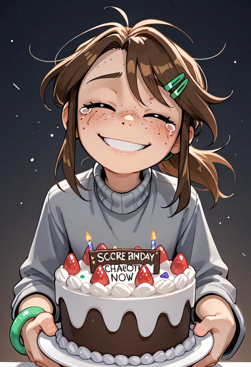 score_9, score_8_up, score_7_up, score_6_up, score_5_up, score_4_up,,a cute cartoon woman , freckles, solo, brown hair,1girl, pants, turtleneck, ponytail,charlotte, <lora:Charlotte_ill_original:1>,grey shirt,,masterpiece, best quality, amazing quality,, small girl, big smile, tears, holding a very big cake, brown hair, ponytail, , green shiny bracelet on left arm, green hair clip,t, grey plain sweater, , 5 balloons, soft lighting, emotional atmosphere, subtle reflections, detailed clothing,charlotte,solo,black eyes,
,a cute cartoon woman,freckles,, (very skinny:1.2),looking at viewer,head tilt,(solo:1.5),(ballons 1.4),closed eyes,
very big birthday cake:1.5)(very big smile:!.4) pushes the cake forward,trying not to cry,leaning forward,pov