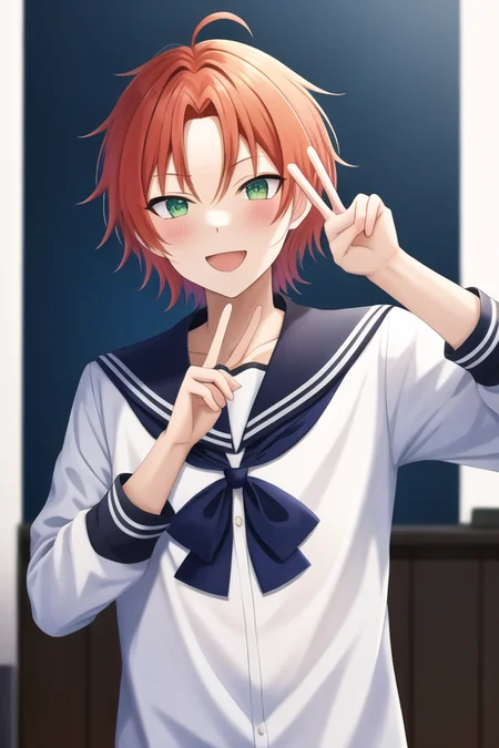 <lora:leo_tsukinaga:0.8>, mesterpice, bestquality, leo_tsukinaga, 1boy, 1boy, 8k, solo, (sailor_collar), (white_sailor_shirt), peace sign