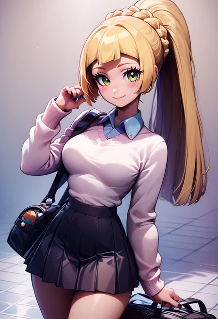 score_9, score_8_up, score_8, medium breasts, (curvy), cute, eyelashes, zzlillie, long hair, ponytail, French braid, closed mouth, alternate costume, smile, nail polish, looking at viewer, hand up, collared shirt, blush, sweater, black skirt, black nails, eyelashes, long sleeves, sleeves past wrists, plaid skirt, shoulder bag, black bag, blurry, tile floor, pleated skirt, white shirt ,
zPDXL,