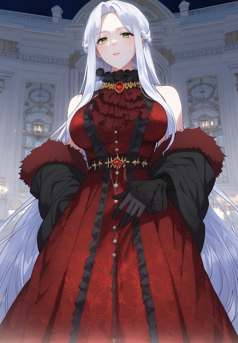 zPDXL3, score_9_up, score_8_up, score_7_up, (Anime_source),Masterpiece,(perfect female body:1.2), small waist,(incredibly detailed:1.4), slim, beautiful fingers, beautiful white skin, Beautiful clear skin, perky breasts, looking at viewer, ass, perfect ass, (large breasts:1.3) (huge breasts:1.1) <lora:Sierra_Fernein_-_Im_Going_On_Strike_Because_I_Have_Limited_Time-PONY-Kaleid:1>  sierrafernein, 1girl, long hair, white hair, green eyes, gloves, red dress, braid, looking down, from below,