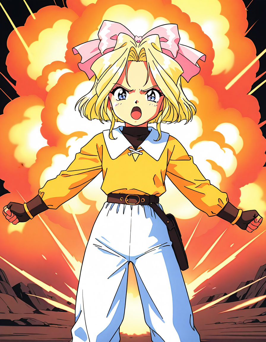 masterpiece, best quality, good quality, <lora:Iris_Chateaubriand_IS:1>  IrisChateaubriand, blonde hair, pink bow, blue eyes, hair bow, short hair, 1990s \(style\), short stack, anger, open mouth, aura, explosion, 1girl, solo, bow, fingerless gloves, gloves, looking at viewer, standing, Yellow long sleeves, long pants, white long pants outdoor,
 fujishima kousuke style, 1990s (style).