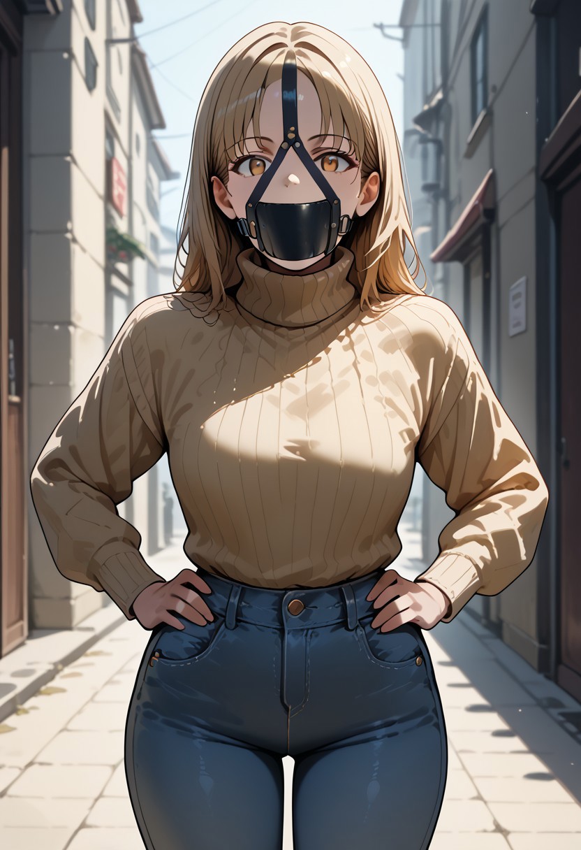 score_9, score_8_up, score_7_up, source_anime, high quality, best quality, masterpiece, 1girl, front view, looking at viewer, cowboy shot, panelgag, panel gag, gag harness, turtleneck sweater, jeans, hands on hips
