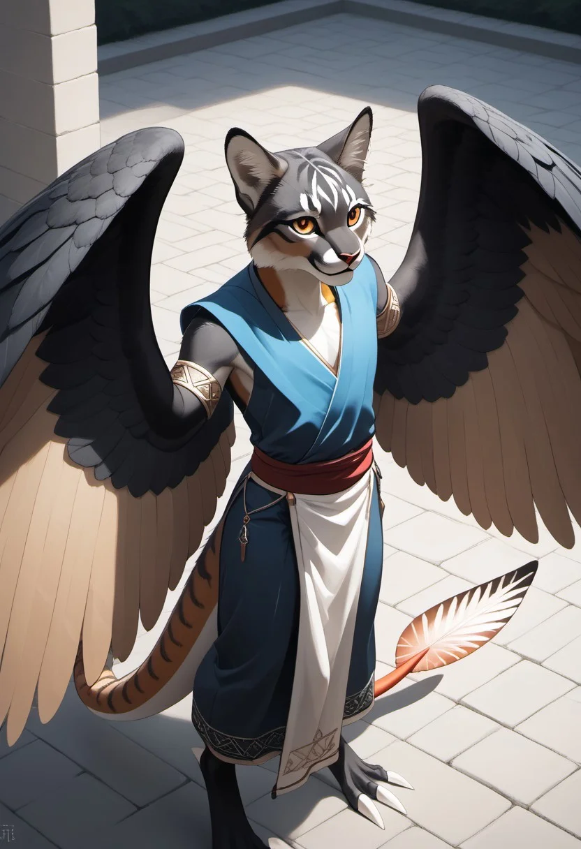 1person, Palagiri, anthro, feline features, feline nose, ((wings)), ((armless)), perfect wings, lowered wings,
3/4 view, high angle, perfect wings, ((prehensile toes, long toes)), ((feathers-tipped tail, fanned tail-tip, tapering-tip tail)),
digitigrade legs, pelvic curtain tunic,
Source: anime, score: 9, score: 8up,