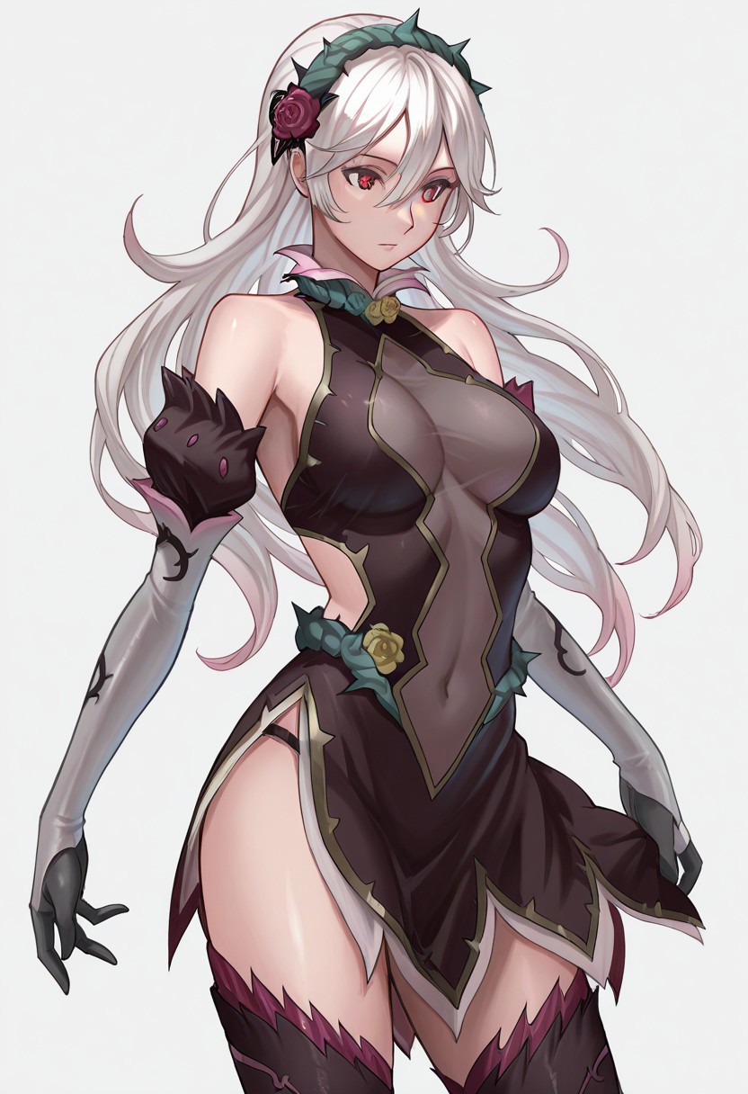 masterpiece, best quality, crimsonj-girl.fightil, , 
  1girl, 
CorrinRespl, long hair, white hair, hair ornament, red eyes, dress, bare shoulders, thighhighs, thorns, breasts,
upper body,
Simple background, perfect anatomy