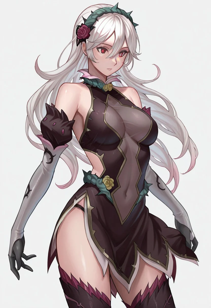 masterpiece, best quality, crimsonj-girl.fightil, ,
1girl,
CorrinRespl, long hair, white hair, hair ornament, red eyes, dress, bare shoulders, thighhighs, thorns, breasts,
upper body,
Simple background, perfect anatomy