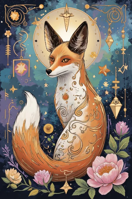 <lora:absimpr:0.8>, absimpr, A mystical and artistic illustration of a fox, featuring intricate swirling patterns and abstract geometric shapes. The fox's fur is depicted in shades of orange, white, and gold, accented with glowing highlights. The background includes a dreamy blend of cool-toned blues and purples, interspersed with floral motifs, stars, and decorative elements. The style is whimsical, artistic, and highly detailed.âââ