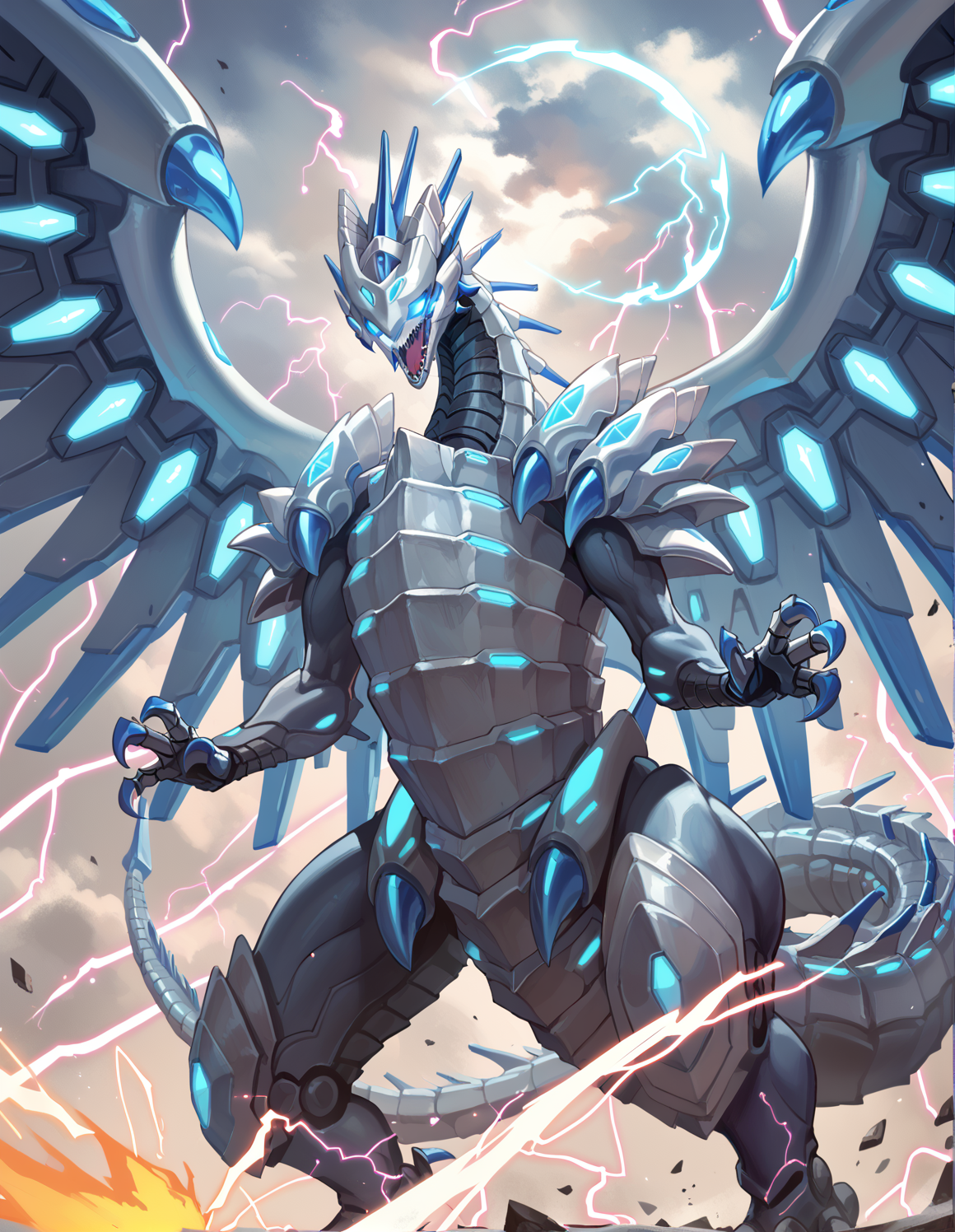 (score_9:0.9),score_8_up,score_7_up,rating_safe,anime style,(zPDXL),(zPDXL3),
<lora:blue eye chaos max dragon ponyXL v1.2:0.79>,mecha dragon,blue eye chaos max dragon,solo,open mouth,sharp teeth,glowing eyes,cloud,lightning,energy ball,electricity,standing,spread wings,no iris,
