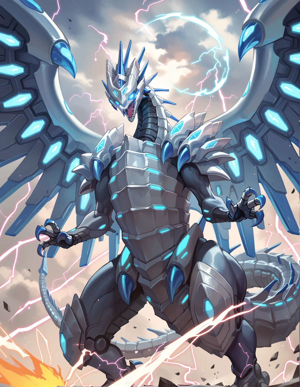 (score_9:0.9),score_8_up,score_7_up,rating_safe,anime style,(zPDXL),(zPDXL3),
<lora:blue eye chaos max dragon ponyXL v1.2:0.79>,mecha dragon,blue eye chaos max dragon,solo,open mouth,sharp teeth,glowing eyes,cloud,lightning,energy ball,electricity,standing,spread wings,no iris,