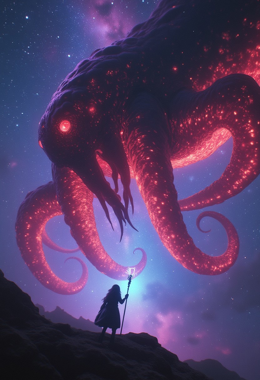 In a surreal, high-resolution photograph inspired by 1990s space operas, an astral sorceress’s silhouette floats in zero gravity, wielding a staff that glows with cosmic energy. She confronts a colossal, translucent cosmic kraken with seven tentacles, each pulsating with vibrant, multicolored stardust. The dark-red creature, filled with a blood-like substance, has intricate, celestial patterns that glow with the colors of the nebula. The background features a breathtaking view of a distant galaxy, with the Milky Way providing a cosmic backdrop. The scene is captured from an expansive, wide-angle shot, highlighting the vastness of space and the sorceress’s ethereal presence. Atmospheric haze, film grain, and shallow depth of field create an epic, high-budget cinematic feel.