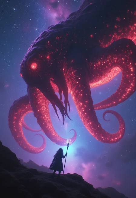 In a surreal, high-resolution photograph inspired by 1990s space operas, an astral sorceress’s silhouette floats in zero gravity, wielding a staff that glows with cosmic energy. She confronts a colossal, translucent cosmic kraken with seven tentacles, each pulsating with vibrant, multicolored stardust. The dark-red creature, filled with a blood-like substance, has intricate, celestial patterns that glow with the colors of the nebula. The background features a breathtaking view of a distant galaxy, with the Milky Way providing a cosmic backdrop. The scene is captured from an expansive, wide-angle shot, highlighting the vastness of space and the sorceress’s ethereal presence. Atmospheric haze, film grain, and shallow depth of field create an epic, high-budget cinematic feel.