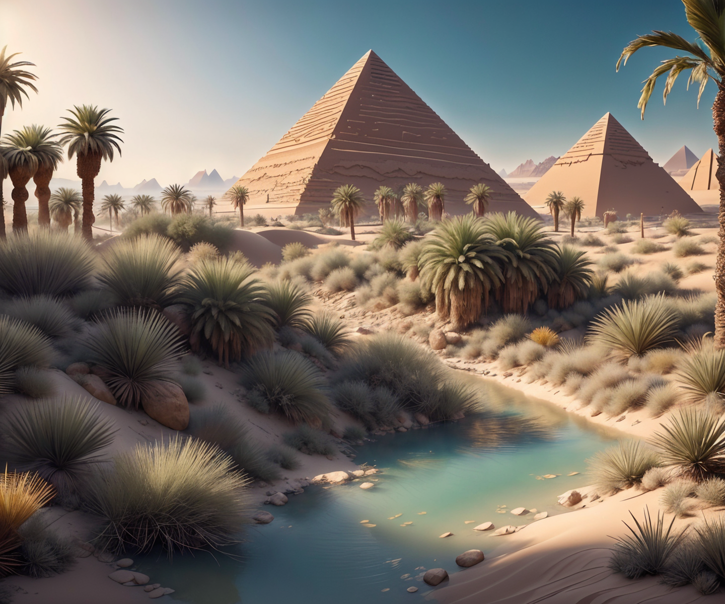 RAW photo, (masterpiece:1.3), subsurface scattering, heavy shadow, (high quality:1.4), (intricate, high detail:1.2), professional photography, HDR, High Dynamic Range, realistic, ultra realistic, photorealistic, high resolution, film photography, ambient lighting, atmospheric effects, <lora:detail_slider_v4:2>, OverallDetail,  <lora:Oasis:1>, a small oasis in the desert, palm trees, shrubs, a pyramid in the background