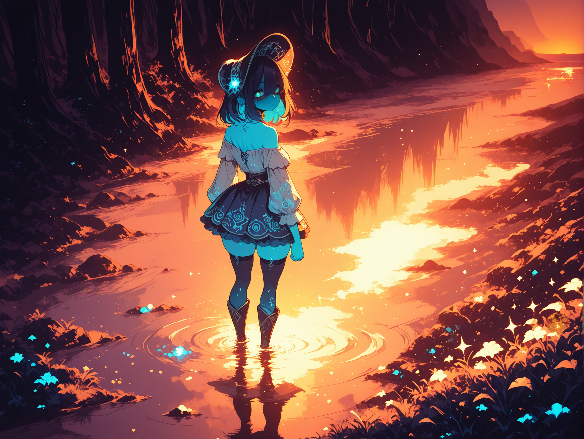 masterpiece,best quality,amazing quality,very aesthetic, anime screencap, anime coloring,  S4bit4mago_illu, wasabi_natsume_illu, digital illustration, no lineart,no outline,dark Fairytale,  limited palette, Bright_illu, LeIsT0_illu, Studio Ghibli Dark Fairytale, Sinozick_illu, solo, 
soft lighting, shadows, soft shadows, shaded, Rim Lighting, light particles,  desert, sand, dunes, dusk, orange  theme, 
BREAK
1girl, colored_inner_hair, medium hair, single_hair_ring, hair_over_eyes, cross shaped pupils, dark aqua eyes, emotionless, mature woman, looking at viewer, thick eyebrows, light gray hair, dark Violet hair,   (stockings:1.1), long boots,  blindfold, off shoulder,  (light blue skin, colored skin,:1.2), multicolored skin,    standing, dancing,,
(solo:1.6), from behind, looking back, dynamic angle, from above,, flexing, toned, 
BREAK
elaborate print,  Bonnet,
light orange mesh mismatched Oxford shirt, light indigo snakeskin luxurious Mini skirt, 
skindentation, off shoulder,   
patterns,    
gold walls with wallpaper,   shaded grass,   pillows,  cobweb, dust, abandoned, exterior,
 jeweled goblet,
river, Exterior, river, clear waterm smooth rocks, tall trees, reflections, ripples, splashes, wildflowers, grass, shore, 
<lora:StS-Illustrious-Detail-Slider-v1.0:2> <lora:add-detail-xl:2> <lora:fashiongirl-v1-ILXL:1> <lora:LeIsT0_style:1> LeIsT0_illu <lora:Bright_style:1> Bright_illu,sparkle,too many light particles <lora:xl_more_art-full_v1:0.4> <lora:wasabi_natsume_style_r1:0.4> <lora:Obsidian_skin:0.2> <lora:INCASE_v2.0:0.4> BSSINCASE,  <lora:NLSTN-IL:0.2> nlstn,  glowing, dark,  <lora:Gothic_Grain_Illustrious:0.4> <lora:TrendCraft_The_Peoples_Style_Detailer-v2.1A-3_12_2025-SDXL:0.4>