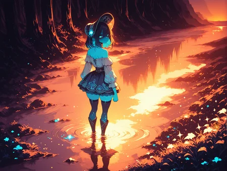 masterpiece,best quality,amazing quality,very aesthetic, anime screencap, anime coloring,  S4bit4mago_illu, wasabi_natsume_illu, digital illustration, no lineart,no outline,dark Fairytale,  limited palette, Bright_illu, LeIsT0_illu, Studio Ghibli Dark Fairytale, Sinozick_illu, solo, 
soft lighting, shadows, soft shadows, shaded, Rim Lighting, light particles,  desert, sand, dunes, dusk, orange  theme, 
BREAK
1girl, colored_inner_hair, medium hair, single_hair_ring, hair_over_eyes, cross shaped pupils, dark aqua eyes, emotionless, mature woman, looking at viewer, thick eyebrows, light gray hair, dark Violet hair,   (stockings:1.1), long boots,  blindfold, off shoulder,  (light blue skin, colored skin,:1.2), multicolored skin,    standing, dancing,,
(solo:1.6), from behind, looking back, dynamic angle, from above,, flexing, toned, 
BREAK
elaborate print,  Bonnet,
light orange mesh mismatched Oxford shirt, light indigo snakeskin luxurious Mini skirt, 
skindentation, off shoulder,   
patterns,    
gold walls with wallpaper,   shaded grass,   pillows,  cobweb, dust, abandoned, exterior,
 jeweled goblet,
river, Exterior, river, clear waterm smooth rocks, tall trees, reflections, ripples, splashes, wildflowers, grass, shore, 
<lora:StS-Illustrious-Detail-Slider-v1.0:2> <lora:add-detail-xl:2> <lora:fashiongirl-v1-ILXL:1> <lora:LeIsT0_style:1> LeIsT0_illu <lora:Bright_style:1> Bright_illu,sparkle,too many light particles <lora:xl_more_art-full_v1:0.4> <lora:wasabi_natsume_style_r1:0.4> <lora:Obsidian_skin:0.2> <lora:INCASE_v2.0:0.4> BSSINCASE,  <lora:NLSTN-IL:0.2> nlstn,  glowing, dark,  <lora:Gothic_Grain_Illustrious:0.4> <lora:TrendCraft_The_Peoples_Style_Detailer-v2.1A-3_12_2025-SDXL:0.4>