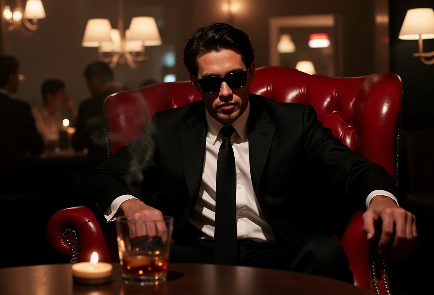 S4DC1NE. This is a photograph featuring a man seated in a luxurious, dark red leather armchair in what appears to be a dimly lit, upscale bar or lounge. The man, who has a rugged, intense expression, is dressed in a classic black suit with a white dress shirt and a black tie. His dark hair is slicked back, and he wears dark sunglasses, adding to the mysterious and brooding atmosphere.
The background is slightly out of focus, filled with blurred figures and warm, ambient lighting from several lamps, casting a soft glow that creates a cozy, intimate ambiance. 
On the table in front of him, there is a glass of what appears to be whiskey, partially filled with amber liquid and a small, lit candle. A thin trail of smoke rises from the candle, adding to the atmospheric feel of the scene.  